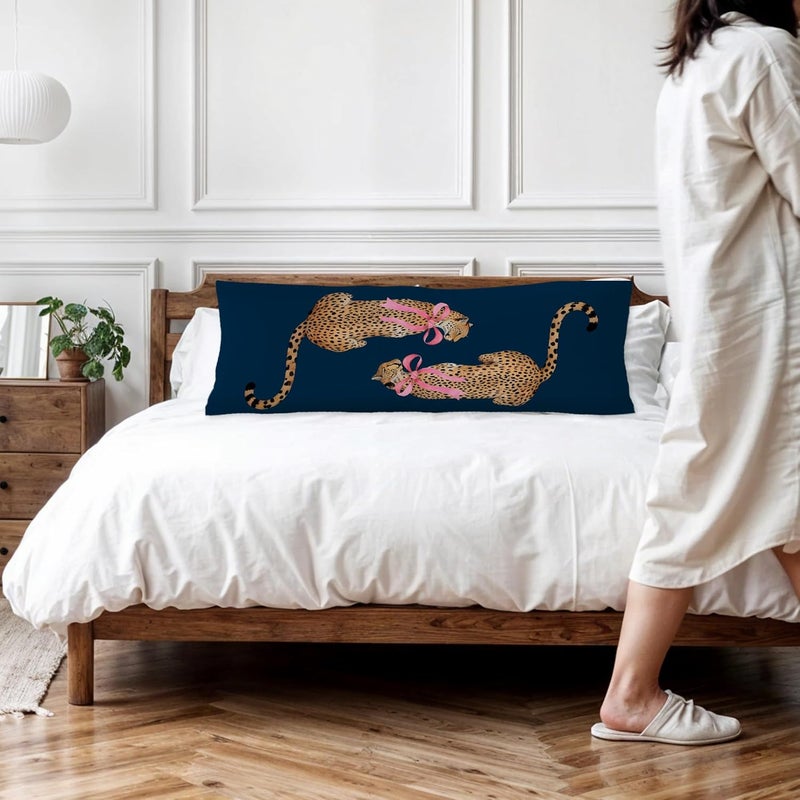 Exqcom Store Coquette Pink Bow Cheetah Body Pillow Covers 20x54, Leopard Print Room Decor, Trendy Navy Blue Cheetah Long Body Pillow Case Cover with Hidden Zipper for Women Adults Girls - Image 2
